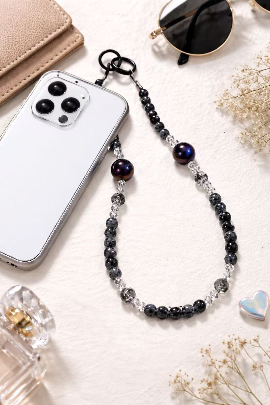 Customizable Marble Grunge Phone Wristlet - Y2K Dark Aesthetic Beaded Phone Chain