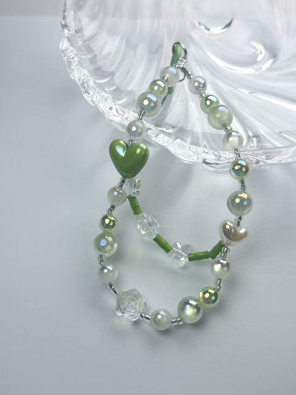 Green Heart Aesthetic Phone Wristlet - Fresh Coquette Beaded Phone Chain