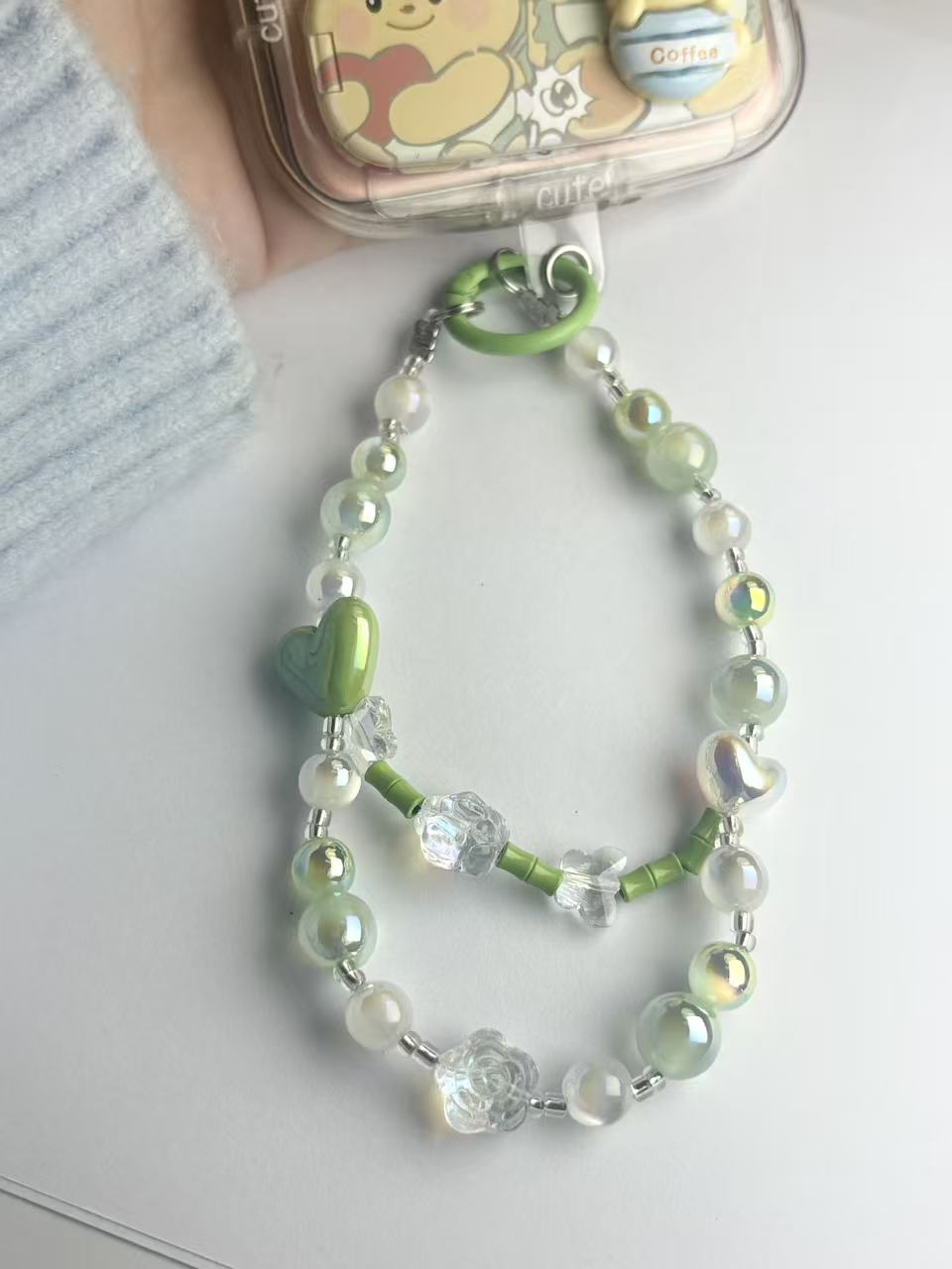 Green Heart Aesthetic Phone Wristlet - Fresh Coquette Beaded Phone Chain