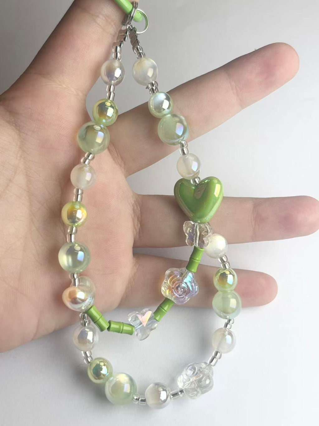 Green Heart Aesthetic Phone Wristlet - Fresh Coquette Beaded Phone Chain