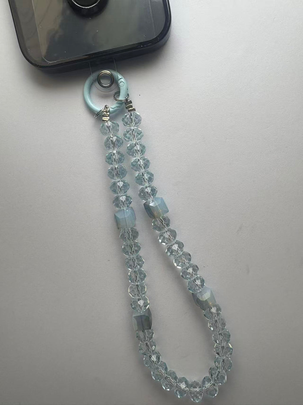 Customizable Ice Blue Crystal Phone Wristlet - Personalized Faceted Beaded Phone Chain