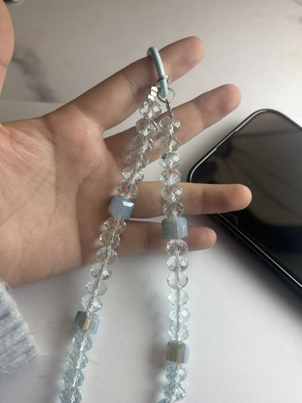 Customizable Ice Blue Crystal Phone Wristlet - Personalized Faceted Beaded Phone Chain