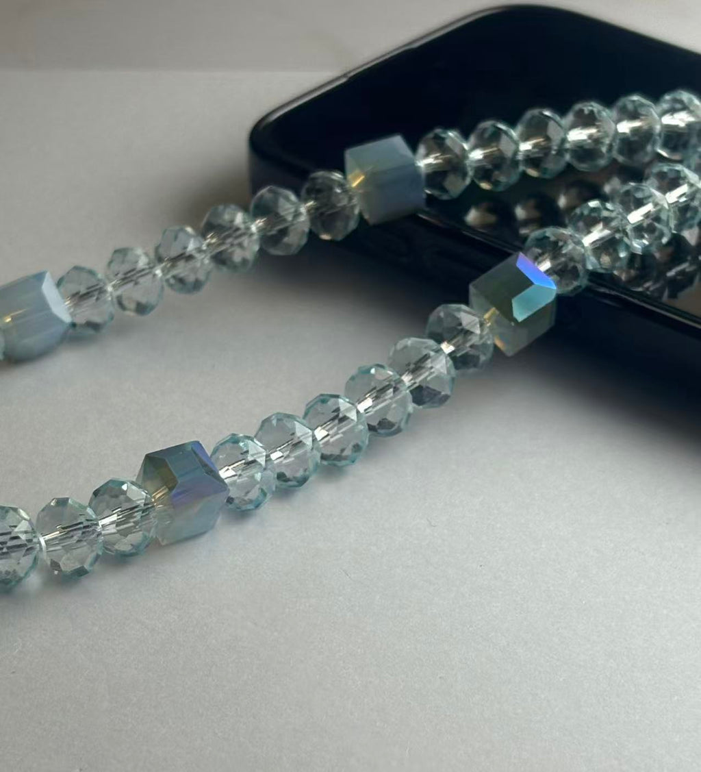 Customizable Ice Blue Crystal Phone Wristlet - Personalized Faceted Beaded Phone Chain