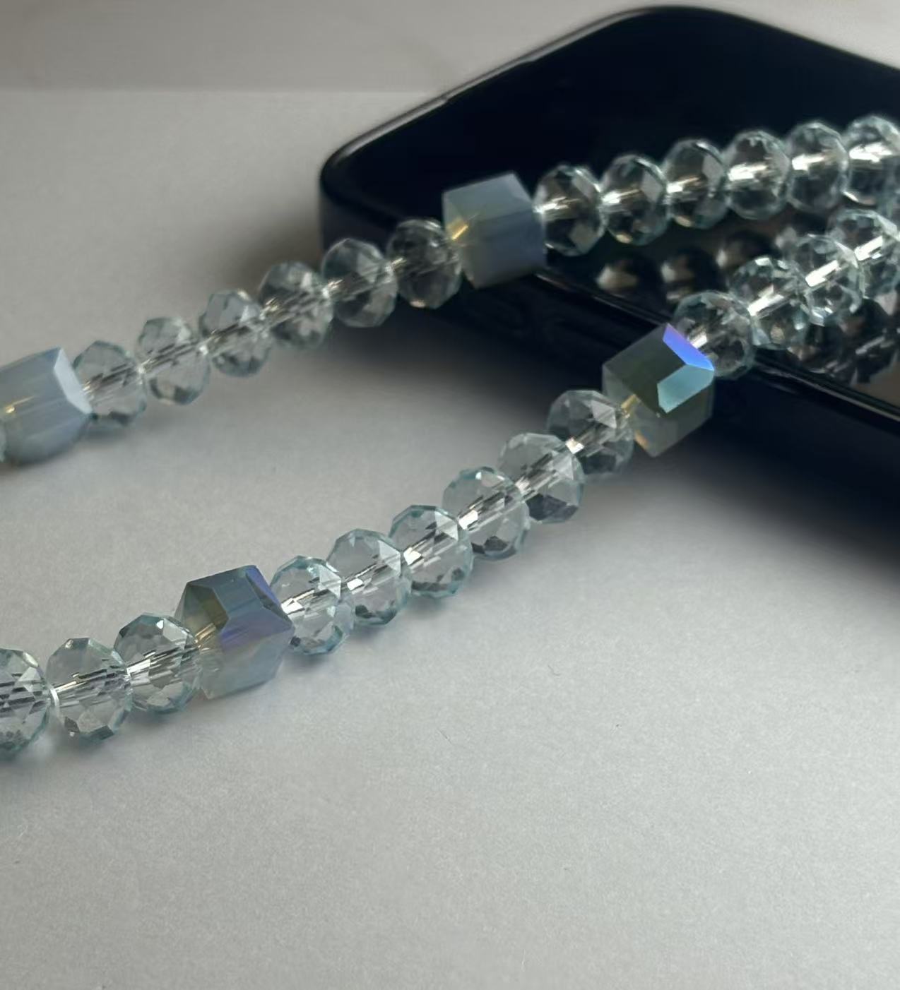 Customizable Ice Blue Crystal Phone Wristlet - Personalized Faceted Beaded Phone Chain