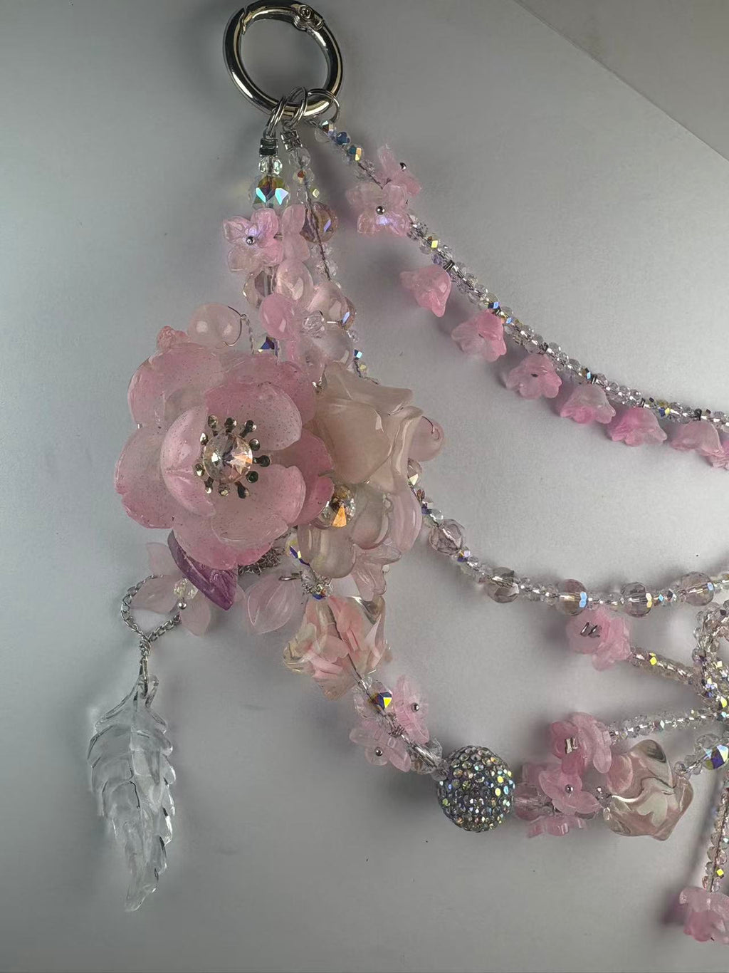 Pink Floral Resin Bag Charm Strap, Sparkly Rhinestone Flower Cup Accessory, Customizable Cute Keychain Charm
