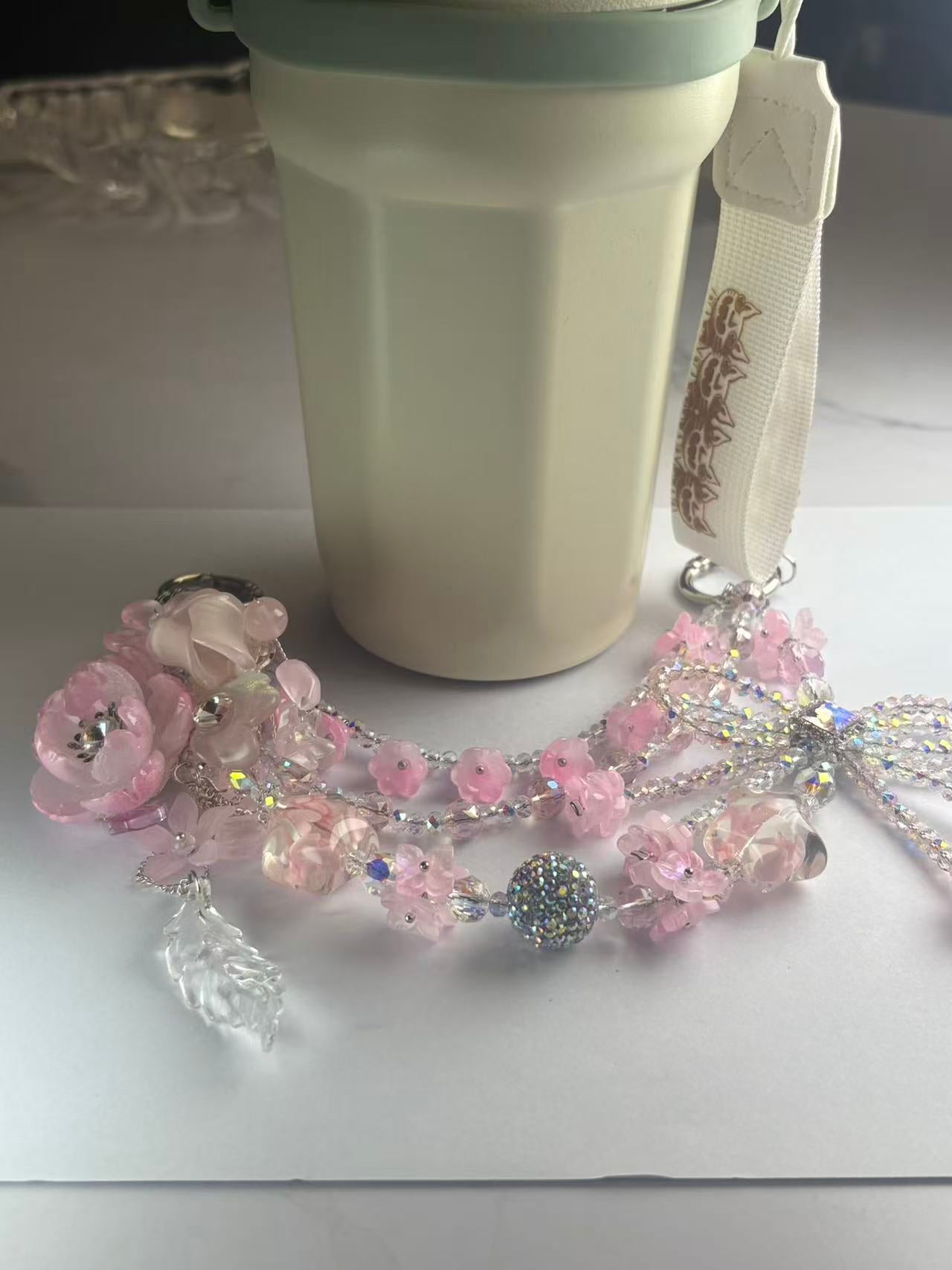 Pink Floral Resin Bag Charm Strap, Sparkly Rhinestone Flower Cup Accessory, Customizable Cute Keychain Charm