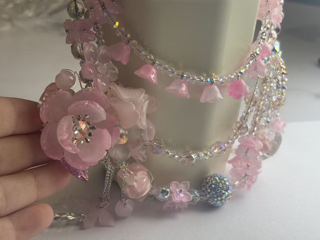Pink Floral Resin Bag Charm Strap, Sparkly Rhinestone Flower Cup Accessory, Customizable Cute Keychain Charm