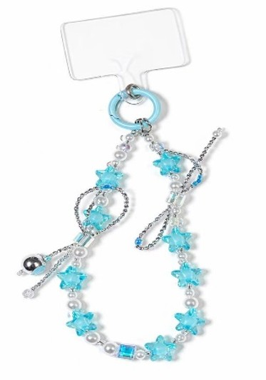 Ice Blue Star Beaded Phone Lanyard, Resin Pearl Crossbody Phone Strap, Customizable Cute Summer Accessory