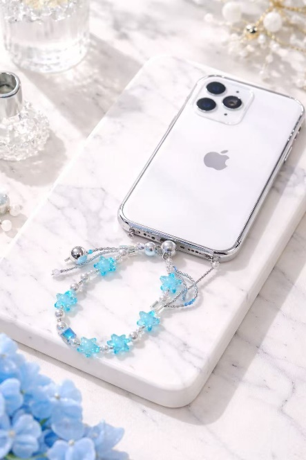 Ice Blue Star Beaded Phone Lanyard, Resin Pearl Crossbody Phone Strap, Customizable Cute Summer Accessory