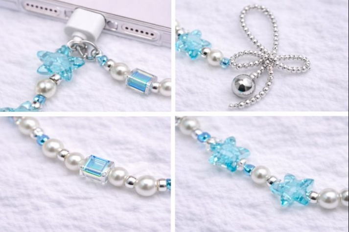 Ice Blue Star Beaded Phone Lanyard, Resin Pearl Crossbody Phone Strap, Customizable Cute Summer Accessory