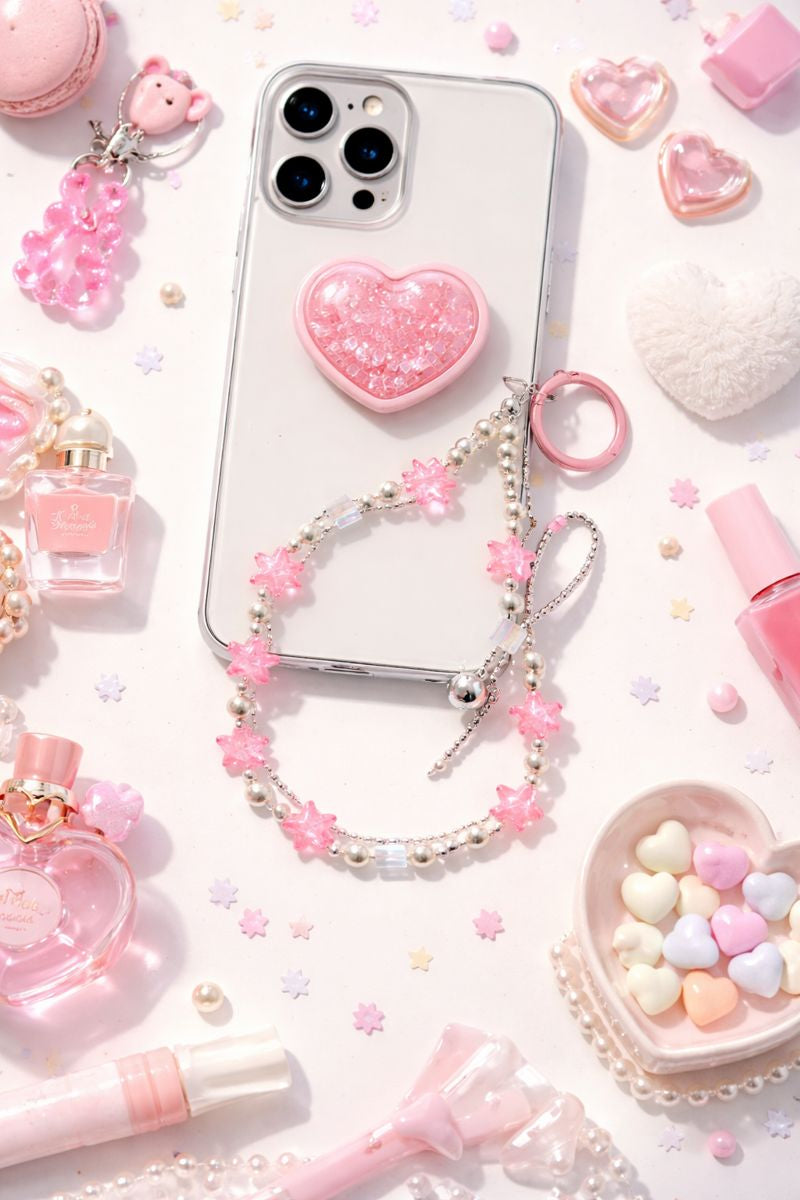 Pink Star Beaded Phone Lanyard, Resin Pearl Crossbody Phone Strap, Customizable Cute Summer Accessory
