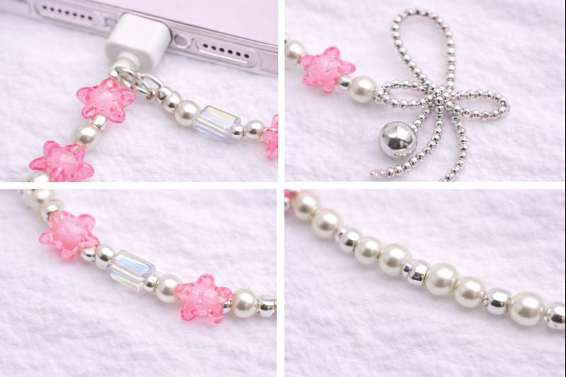 Pink Star Beaded Phone Lanyard, Resin Pearl Crossbody Phone Strap, Customizable Cute Summer Accessory