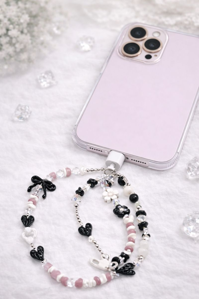Y2K Black Bow Heart Beaded Phone Charm - Resin Glass Crystal Phone Strap with Zinc Alloy