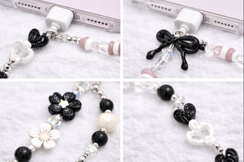 Y2K Black Bow Heart Beaded Phone Charm - Resin Glass Crystal Phone Strap with Zinc Alloy