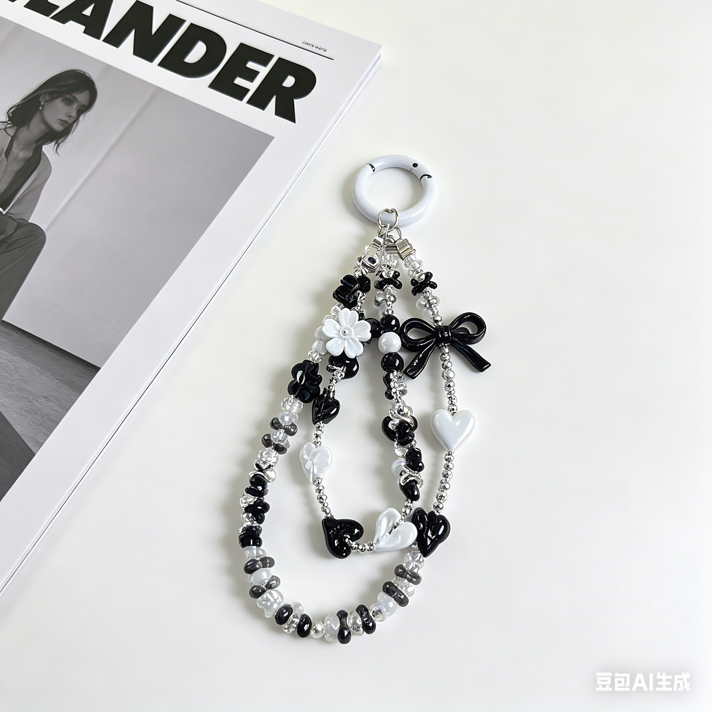 Customizable Black White Heart & Bow Phone Wristlet - Coquette Y2K Beaded Phone Chain