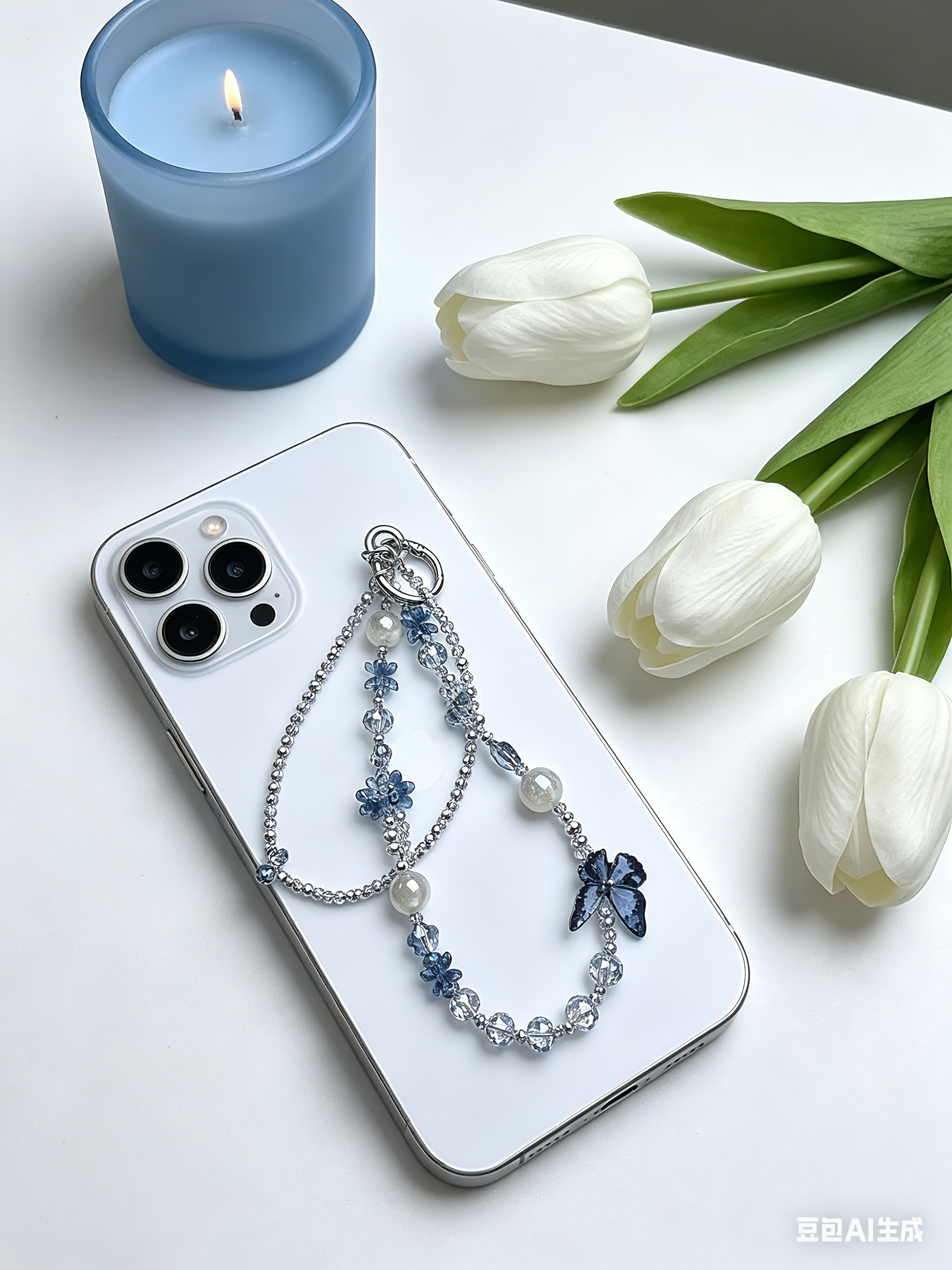 Customizable Blue Silver Butterfly Phone Wristlet - Double Layer Crystal Beaded Phone Chain