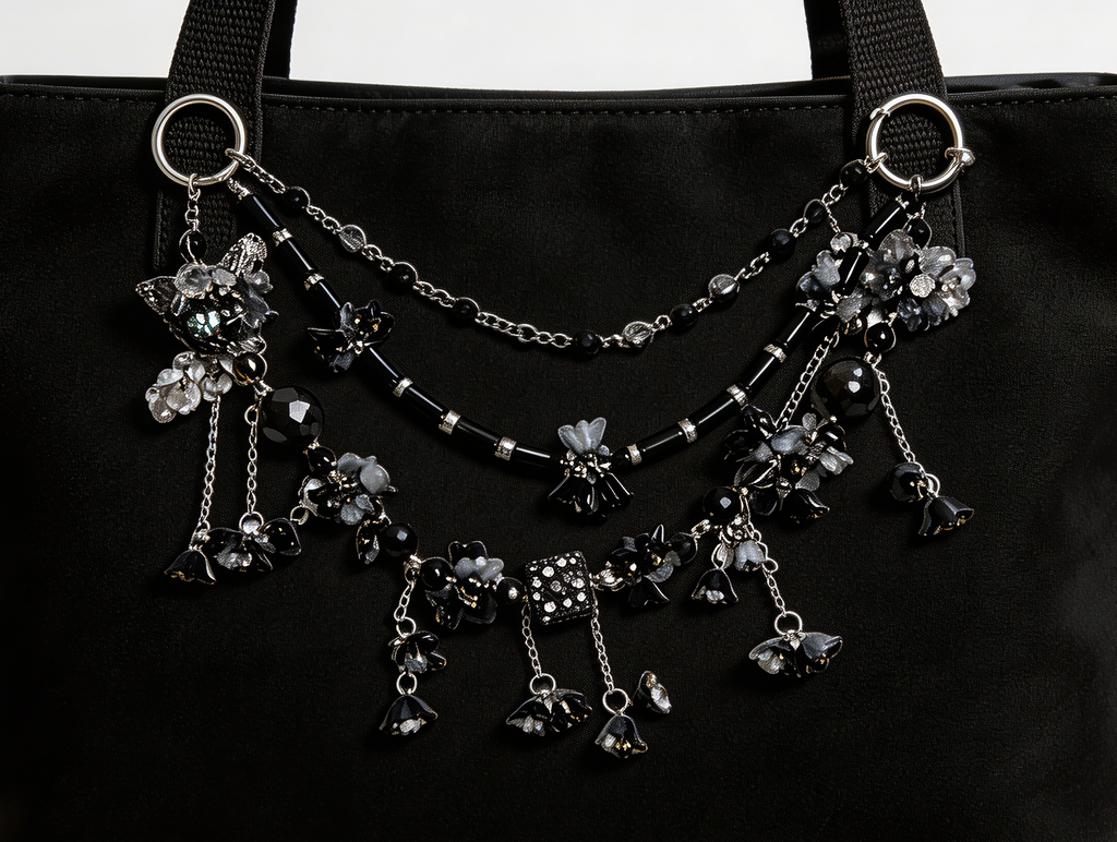 Gothic Black Grey Multi-layer Bag Charm, Handmade Y2K Dark Aesthetic Accessory, Customizable Bag/Key/Phone Charm