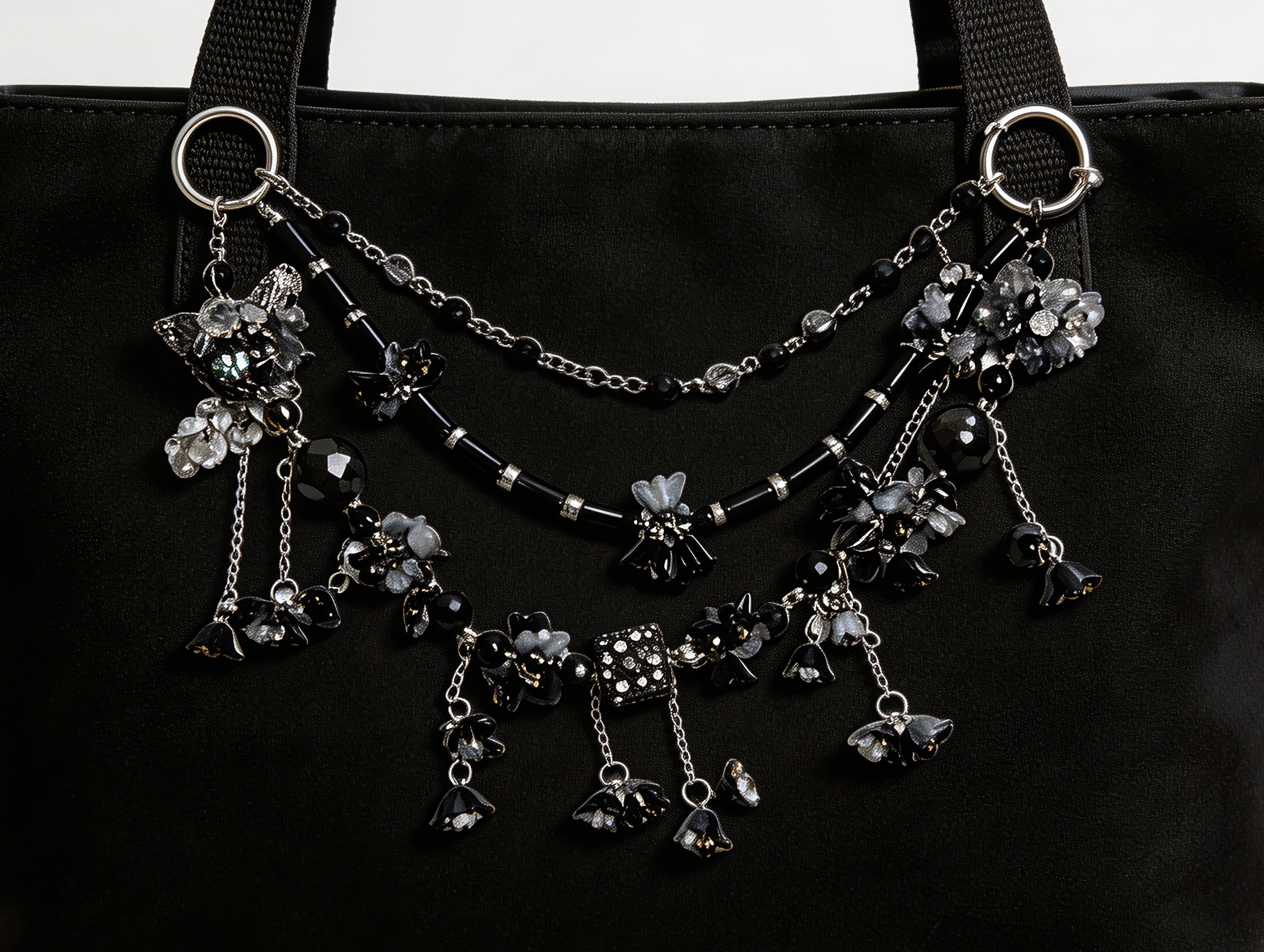 Gothic Black Grey Multi-layer Bag Charm, Handmade Y2K Dark Aesthetic Accessory, Customizable Bag/Key/Phone Charm