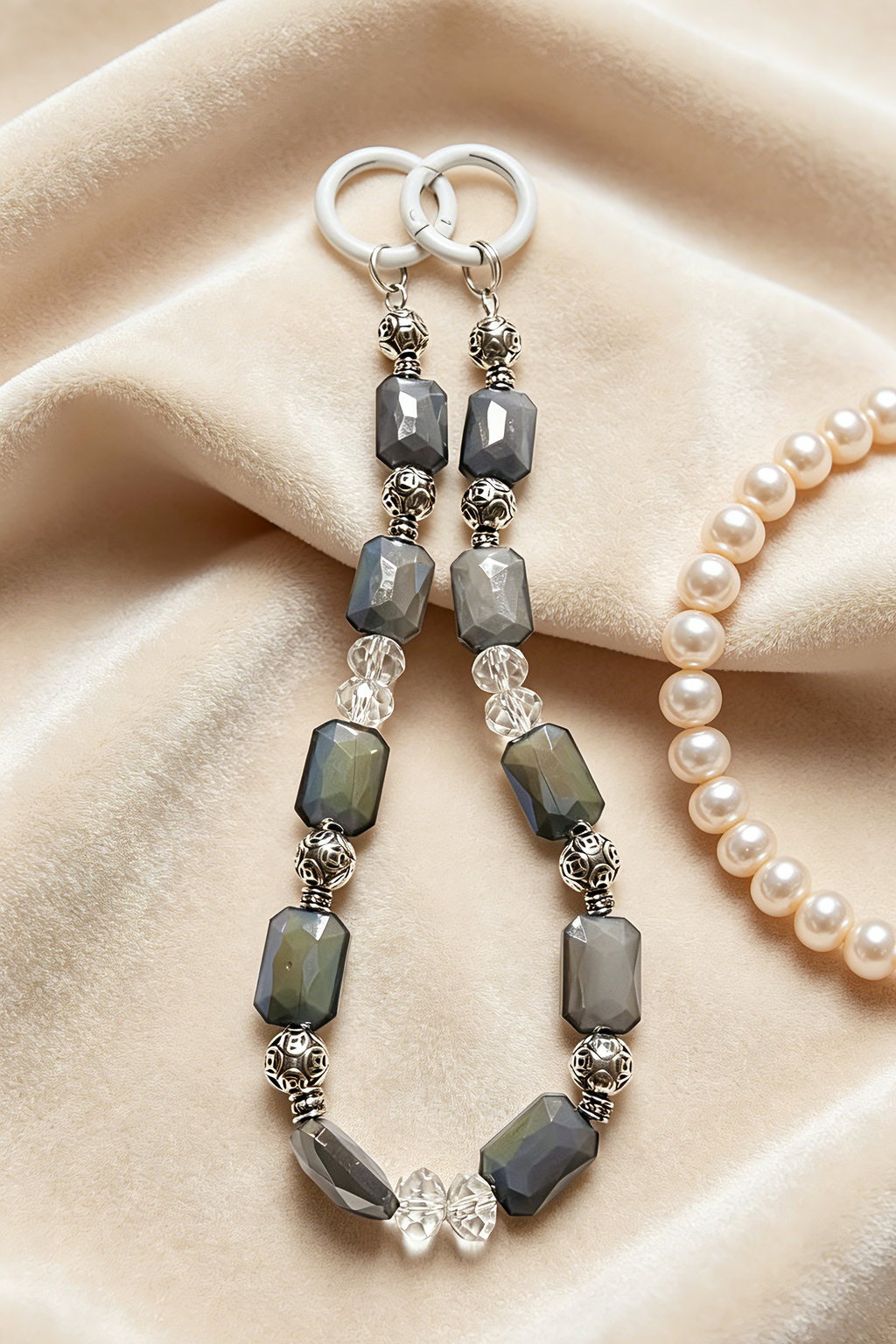 Grey Minimalist Beaded Phone Wristlet - Luxury Neutral Tone Phone Chain