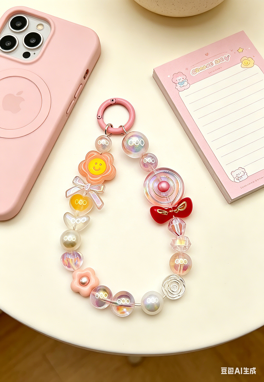 Customizable Kawaii Pink Coquette Phone Wristlet - Smiley Flower & Bow Beaded Phone Chain