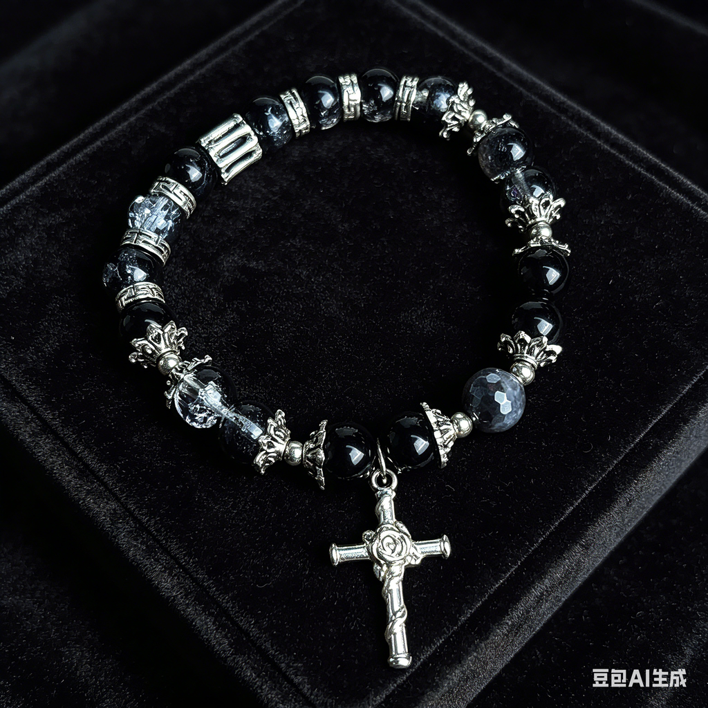 Customizable Black Crystal Cross Bracelet - Y2K Grunge Gothic Aesthetic Beaded Bracelet
