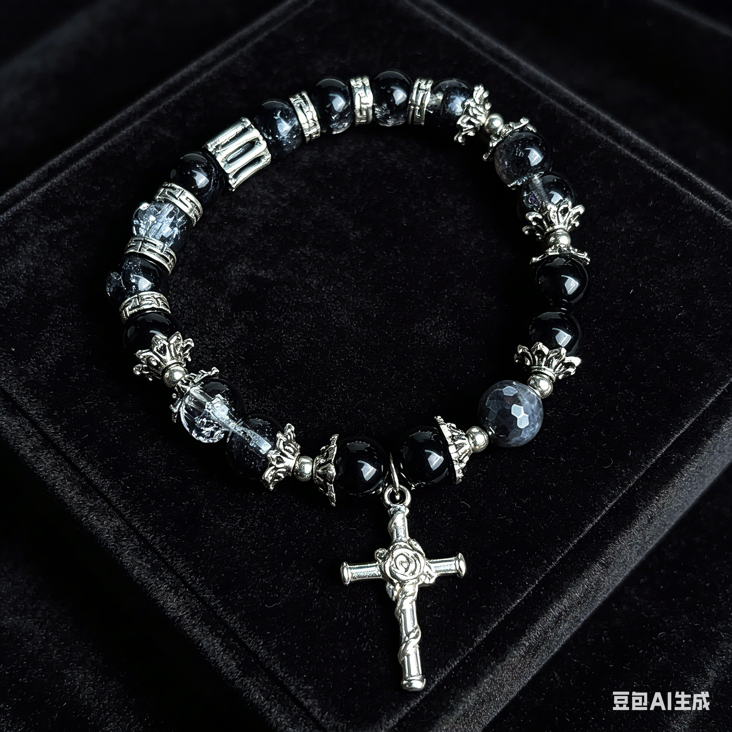 Customizable Black Crystal Cross Bracelet - Y2K Grunge Gothic Aesthetic Beaded Bracelet