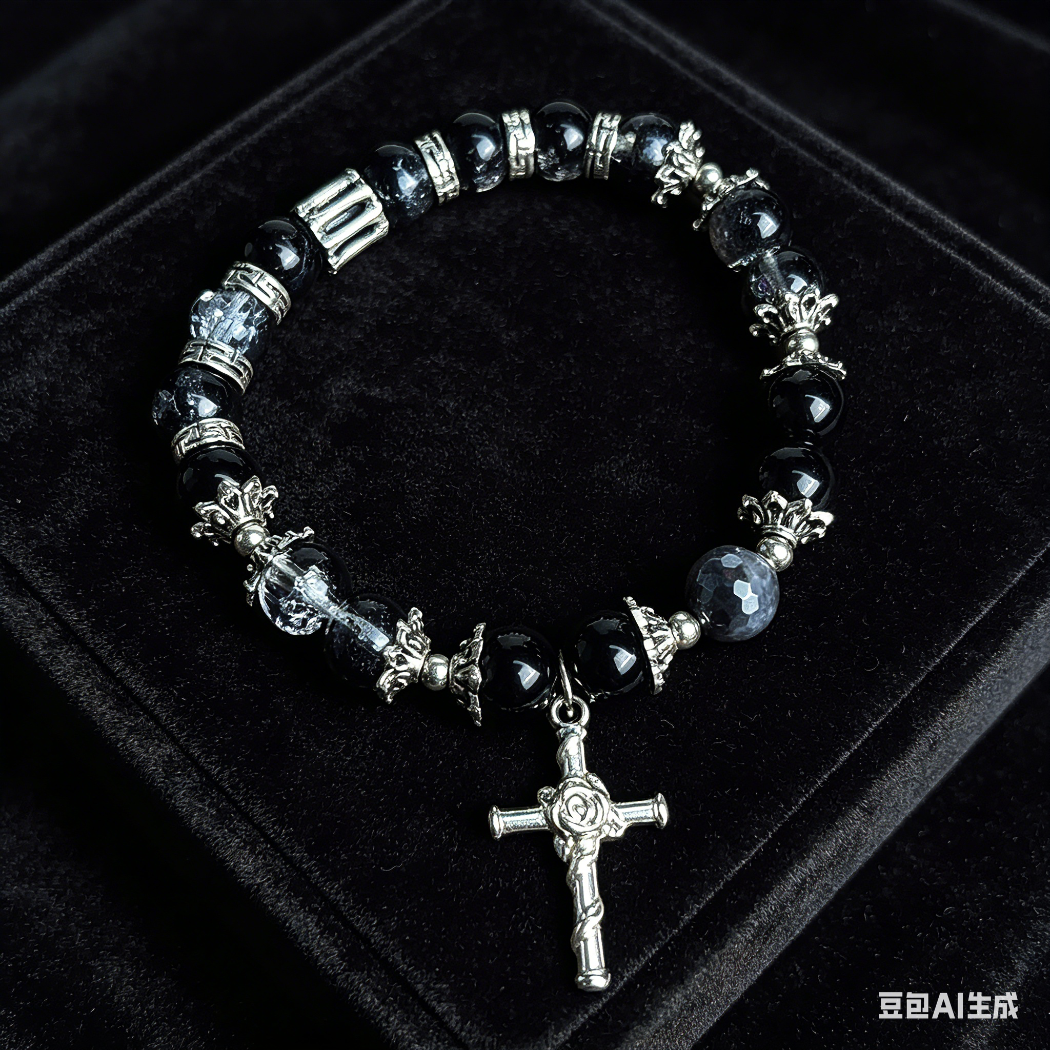 Customizable Black Crystal Cross Bracelet - Y2K Grunge Gothic Aesthetic Beaded Bracelet