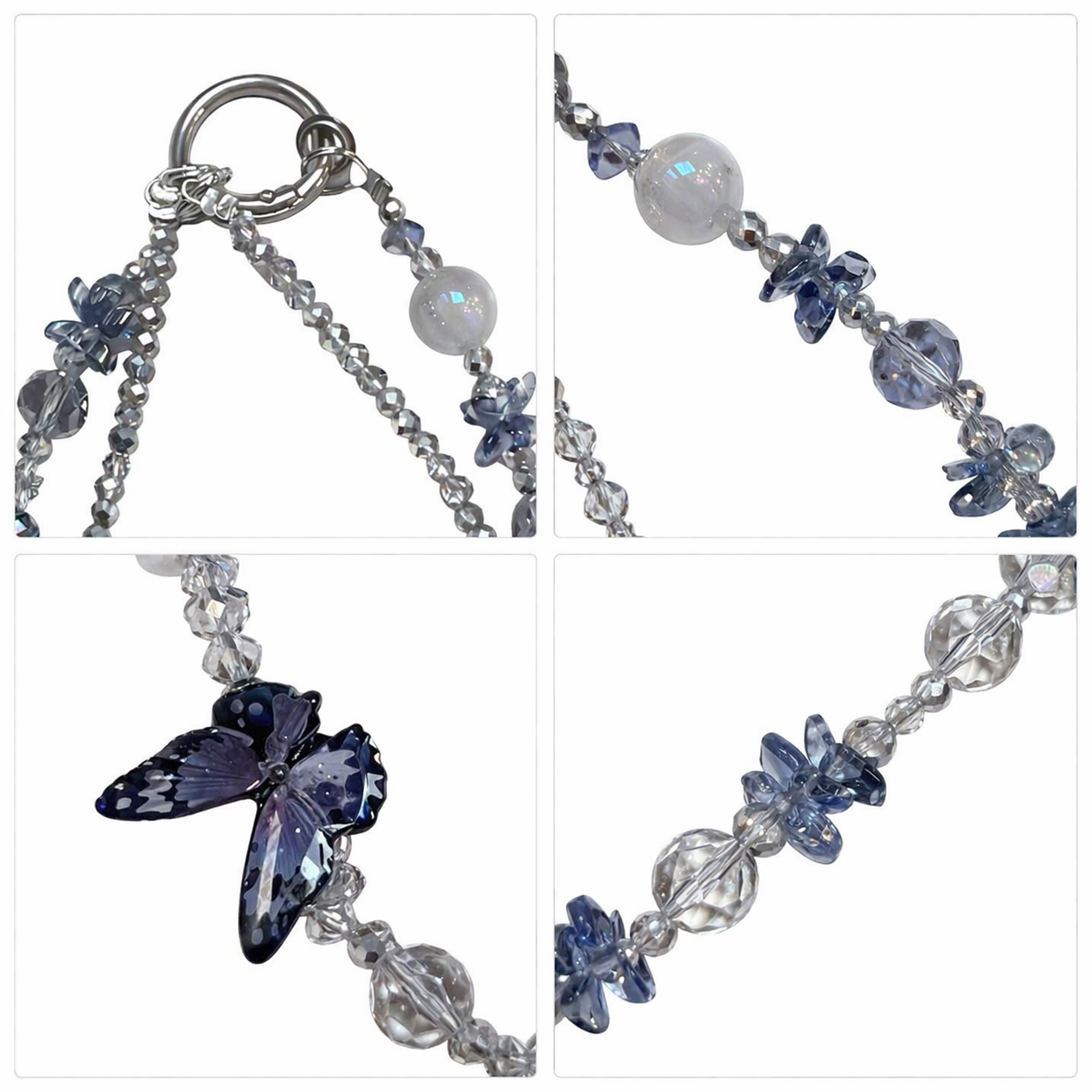 Customizable Blue Silver Butterfly Phone Wristlet - Double Layer Crystal Beaded Phone Chain