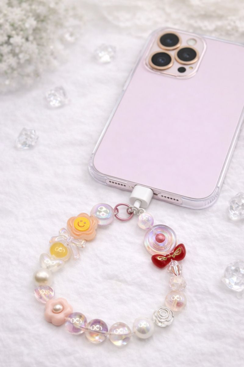 Customizable Kawaii Pink Coquette Phone Wristlet - Smiley Flower & Bow Beaded Phone Chain