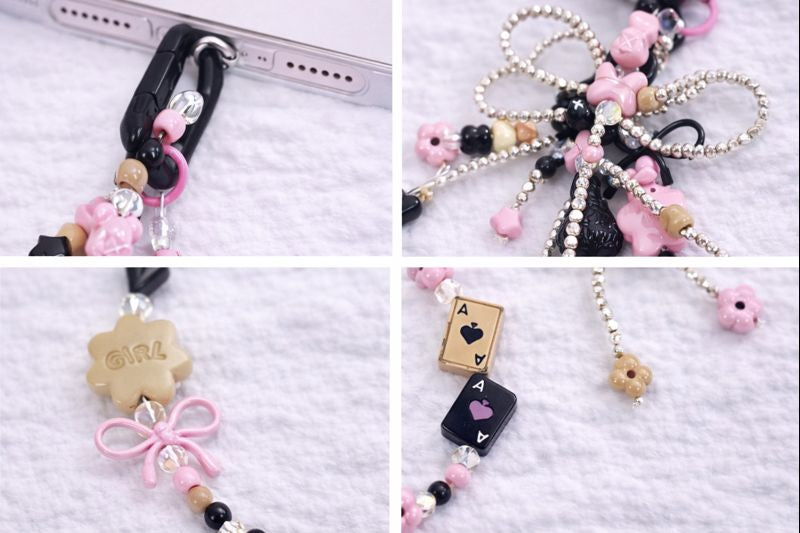 Black Pink Coquette Phone Wristlet - Y2K Bear & Bow Beaded Phone Chain